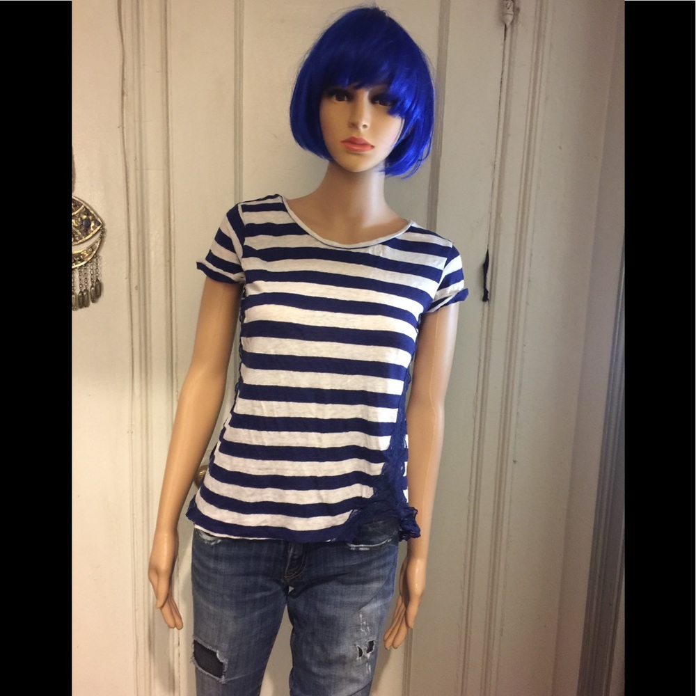 Nautical Knit Linen Tee with Assymetrical Lace
